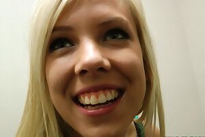 Busty youthful blonde teen gets fucked in mall dressing room, Point of view
